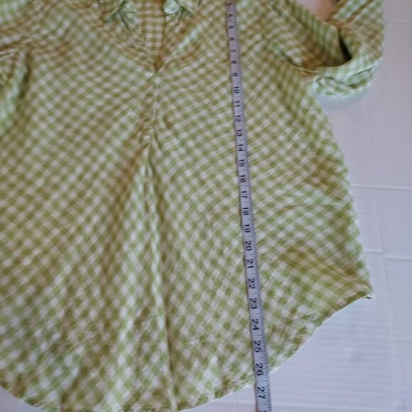 J Jill Love Linen Green White Gingham Popover Blouse Size Med - Picture 7 of 10